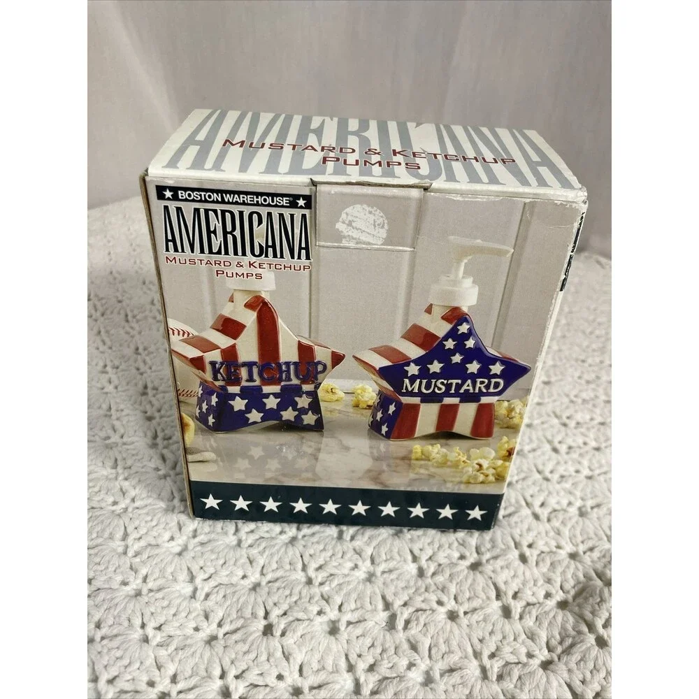 American Flag Mustard & Ketchup Catsup Pump Dispenser Set New Open Box